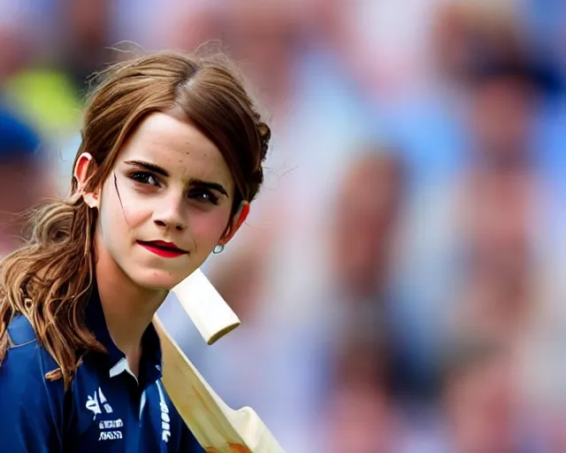 Image similar to emma watson opens the batting for england at lord's cricket ground, sports photography, bokeh, dramatic, filmic