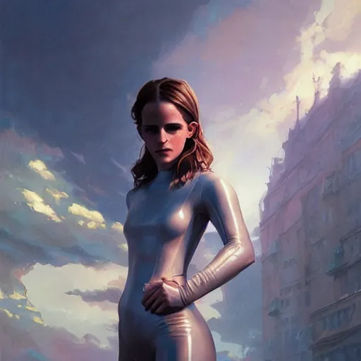 Image similar to highly detailed painting of emma watson wearing a latex suit, stephen bliss, 8 k, by greg rutkowski, loish, rhads, artgerm, ferdinand knab, makoto shinkai and lois van baarle, ilya kuvshinov, rossdraws, global illumination, radiant light, detailed and intricate environment