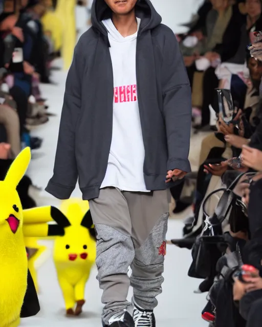 Image similar to hyperrealistic and heavy detailed 2321s Yeezy runway show of Pikachu , Leica SL2 50mm, vivid color, high quality, high textured