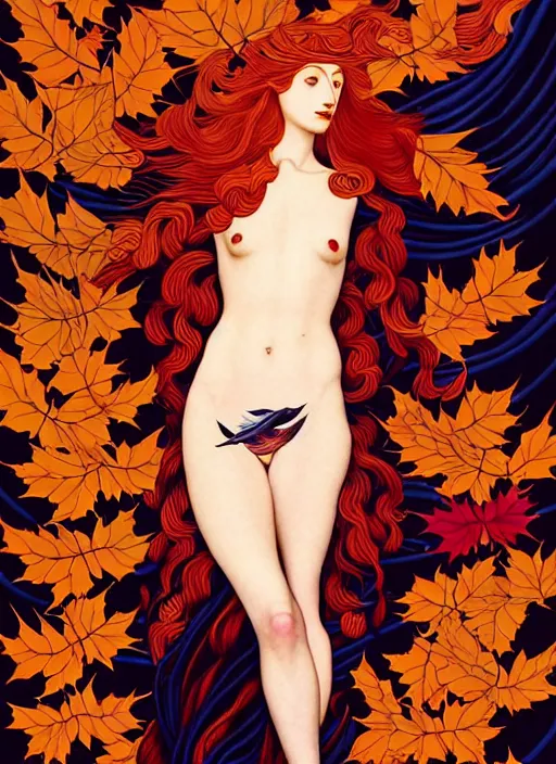 Image similar to 3 Autumn Muses symbolically representing September, October, and November, in a style blending Æon Flux, Peter Chung, Shepard Fairey, Botticelli, Ivan Bolivian, and John Singer Sargent, inspired by pre-raphaelite paintings, shoujo manga, and cool Japanese street fashion, dramatic autumn landscape, leaves falling, deep sunset tones, hyper detailed, super fine inking lines, ethereal and otherworldly, 4K extremely photorealistic, Arnold render