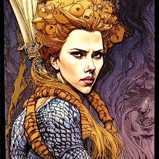 Prompt: a realistic, very beautiful and atmospheric portrait of scarlett johansson as a druidic warrior wizard looking at the camera with an intelligent gaze by rebecca guay, michael kaluta, charles vess and jean moebius giraud