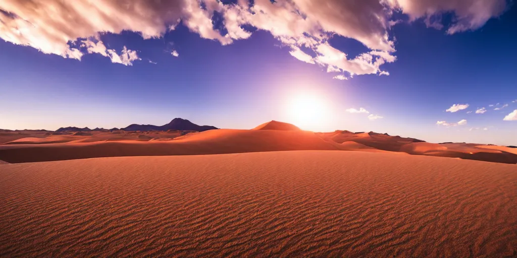 Prompt: landscape photo of an endless desert, huge sand dunes size of mountains old sand stone ruins, beaming sun, beautiful sky, 5 0 mm, hasselblad, tripod, award winning, colour