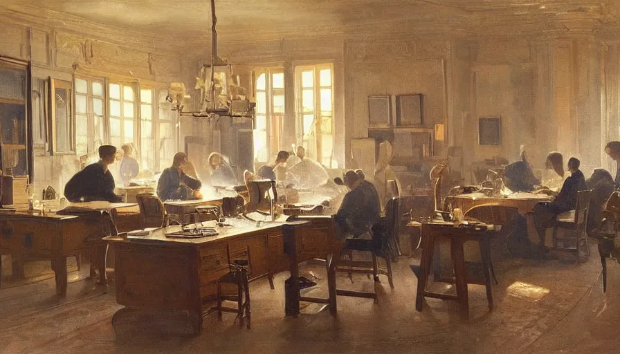 Prompt: painting of work table at a 20 century office, by Peder Krøyer, dramatic lighting, volumetric lighting, golden hour, epic, intricate detail, canvas print