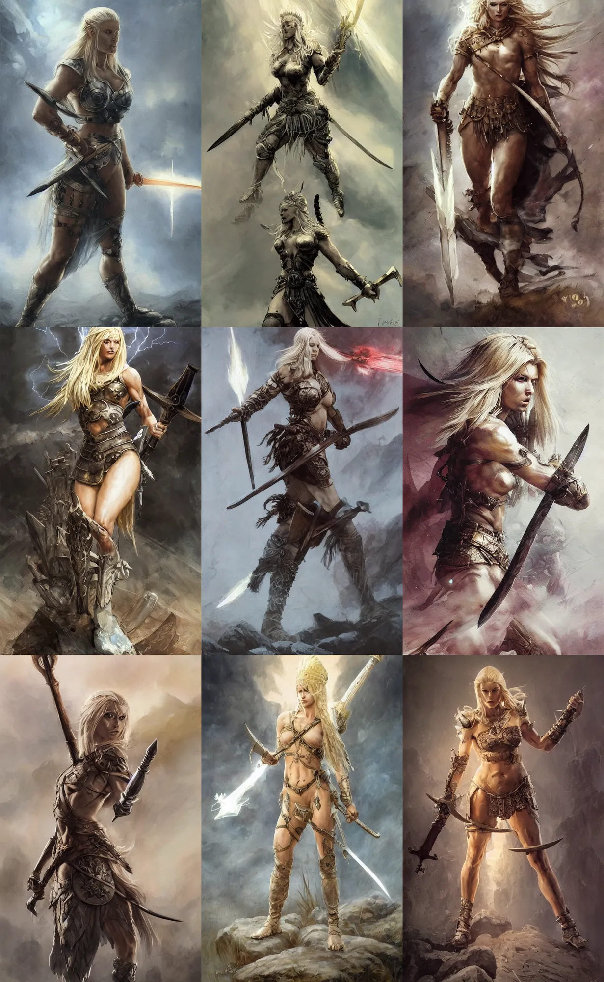 Image similar to A mixed media painting of the beautiful blonde viking goddess of war with a sword of lightning walking into battle, very aesthetic, detailed face, by Frank Frazetta, Greg Rutkowski, Boris Vallejo, Beeple, Yoko Taro, Christian MacNevin, epic fantasy character art, goddess of anger, viking runes, high fantasy, CGsociety, full length, exquisite detail, post-processing, low angle, masterpiece, cinematic, odin's stone arena background