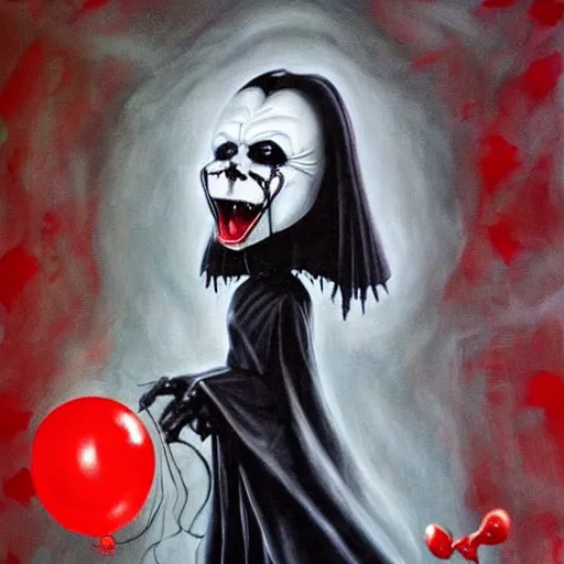Prompt: grunge painting of darth vader with a wide smile and a red balloon by chris leib, loony toons style, pennywise style, corpse bride style, horror theme, detailed, elegant, intricate