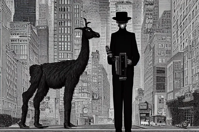 Prompt: an anthropomorphic llama wearing a 1 9 4 0's noire detective outfit, standing in the streets of a big city at night looking at a crime scene, crime scene photography by moebius, junji ito, tristan eaton, victo ngai, artgerm, rhads, ross draws, hyperrealism, intricate detailed,