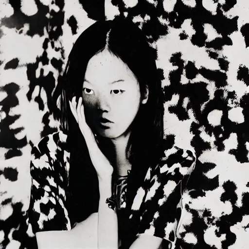 Image similar to photograph of a female model wearing camouflage by yohji yamaoto in the style of daido moriyama, camera obscura