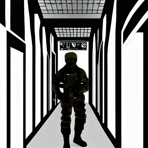 Prompt: futuristic soldier, in a futuristic hallway, digital art