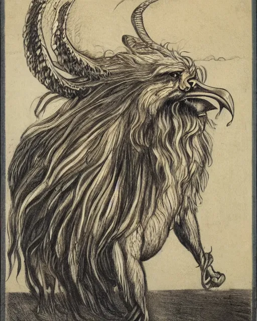 Image similar to human / eagle / lion / ox hybrid with two horns, one big beak, mane, human body. drawn by francis bacon