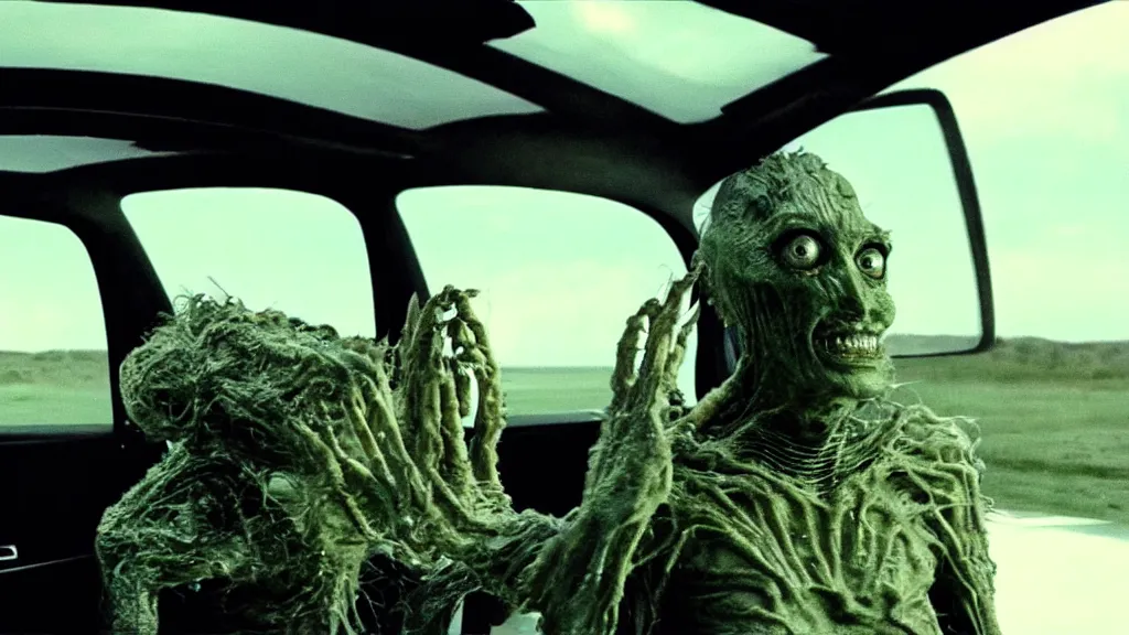 Prompt: the creature sits in a car, made of wax and metal, they look me in the eye, film still from the movie directed by Denis Villeneuve and David Cronenberg with art direction by Salvador Dalí, wide lens