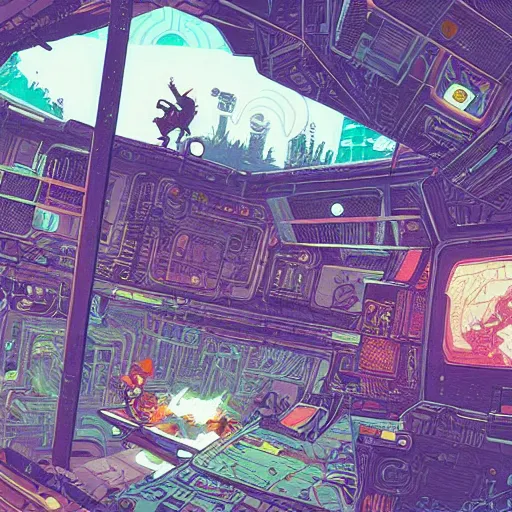 Image similar to Stunningly intricate illustration of a cyberpunk explorer playing video games in his treehouse, highly detailed, midnight, by Victo Ngai and James Gilleard , Moebius, Laurie Greasley