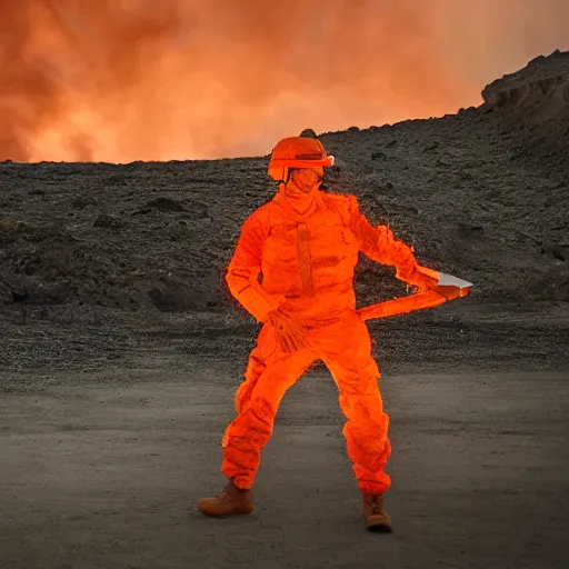 Image similar to a soldier with a glowing orange visor, a half-turn looks into the camera, bodies of the dead are scattered around, an orange fire in the background, 4k, details, dramatic pose