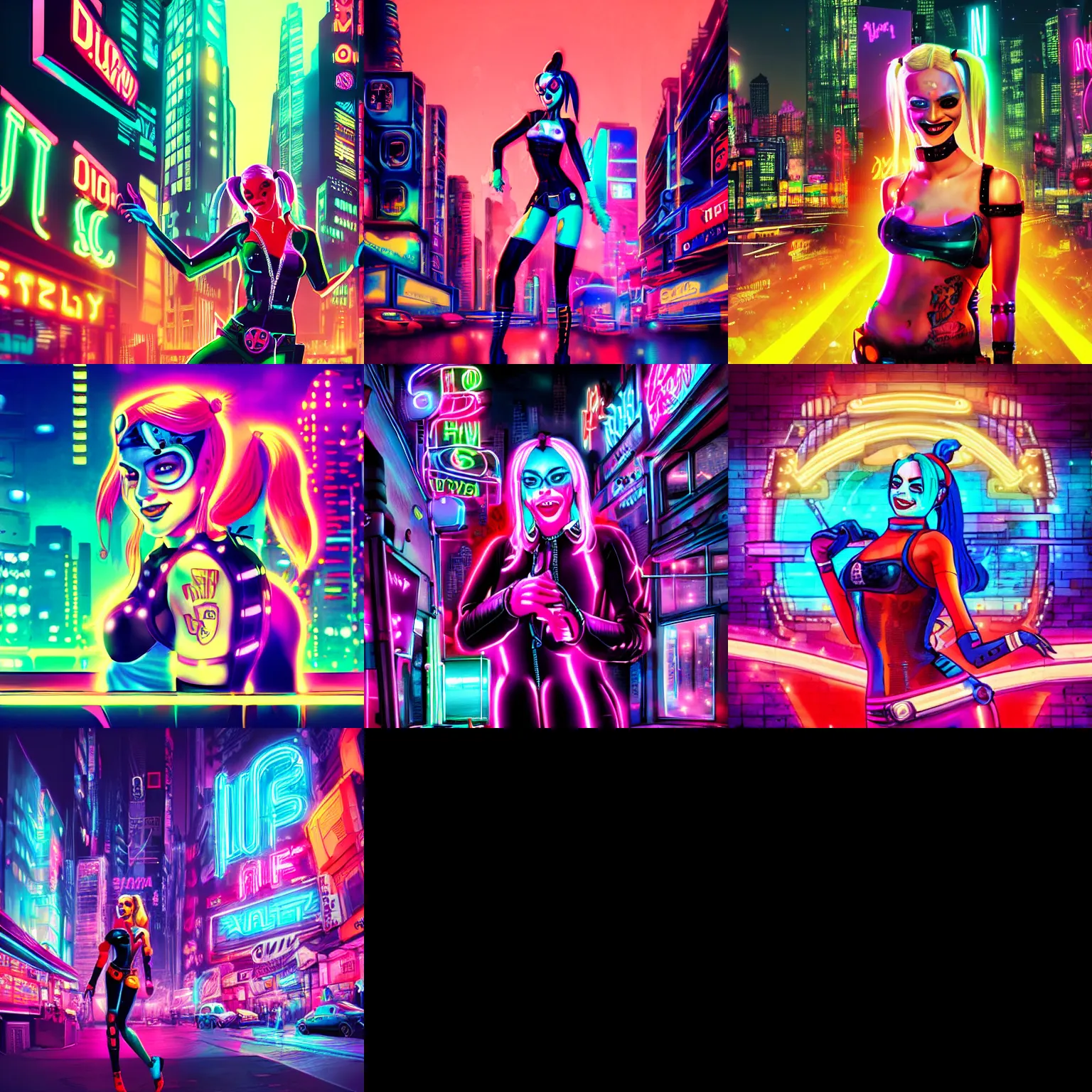 Prompt: harley quinn standing, smiling, cyberpunk setting, beautiful cityscape background, neon signs, vibrant colors, holograms, 4k, digital art