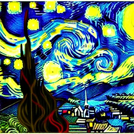 Prompt: starry night by Van Gogh, cyberpunk glitch art