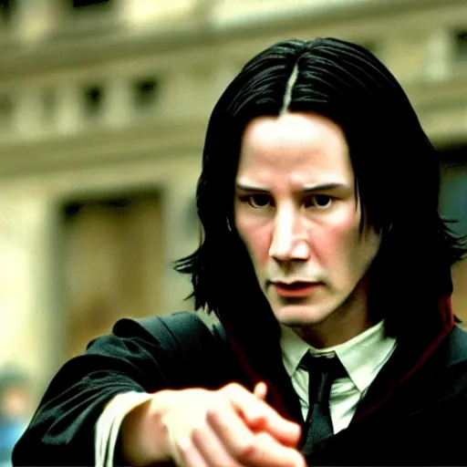 Image similar to Film Still of a Young Keanu Reeves playing a Young Severus Snape in Harry Potter, Film Still, realistic, hyperrealistic, very realistic, very very realistic, highly detailed, very detailed, extremely detailed, detailed, detailed face, very detailed face, very detailed face, realism, HD Quality, 8k resolution, intricate details, body and head in frame, Real Life