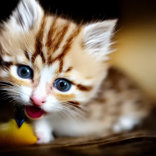 Image similar to 35mm macro shot a kitten licking a baby duck, studio lighting