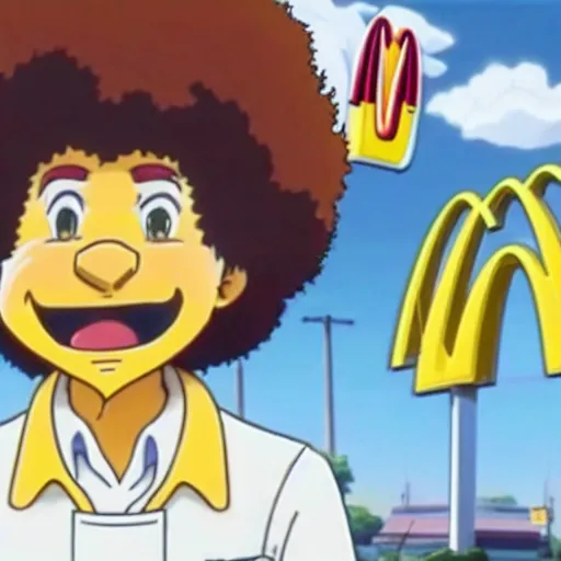 Prompt: bob ross works at mcdonalds in the new anime, screenshot