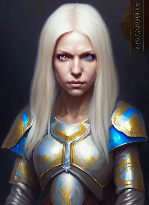 Image similar to a fantasy style portrait painting of shy white female paladin scarred left eye with blonde hair and blue eyes, holy oil painting unreal 5 daz. rpg portrait extremely detailed artgerm greg rutkowski _ greg