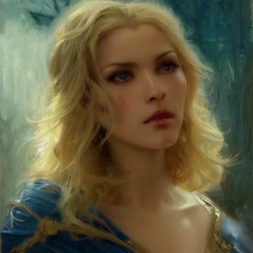 Image similar to detailed cinematic wide shot of beautiful attractive blonde vampire woman slim face symettrical face clean skin blue eyes black robe smooth, sharp focus, ultra realistic, spring light, painting by gaston bussiere, craig mullins, j. c. leyendecker