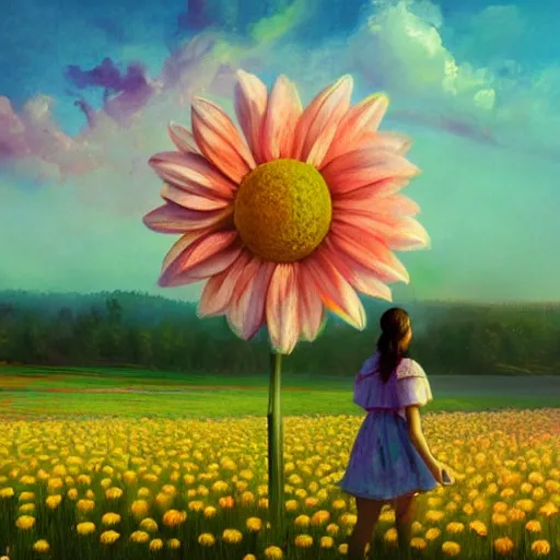 Image similar to giant daisy flower as a head, girl walking in flower field, surreal photography, sunrise, dramatic light, impressionist painting, colorful clouds, digital painting, artstation, simon stalenhag