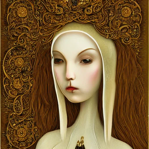 Prompt: a beautiful girl made of ivory and gold, highly intricate, digital art, very detailed, in the style of a weird and dark eerie liminal art noveau flemish painting