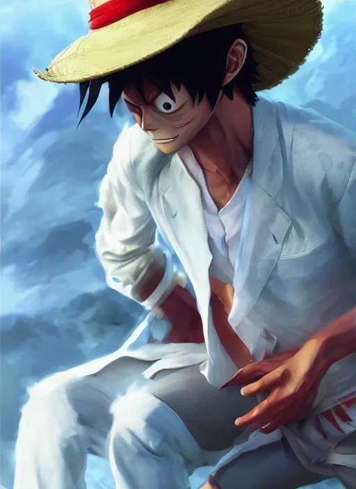 Image similar to a professional render of luffy wearing a white suit, calm face, concept art, sharp detail, smooth render, art style by Ruan Jia and Mandy Jurgens and Ian Spriggs and William-Adolphe Bouguerea