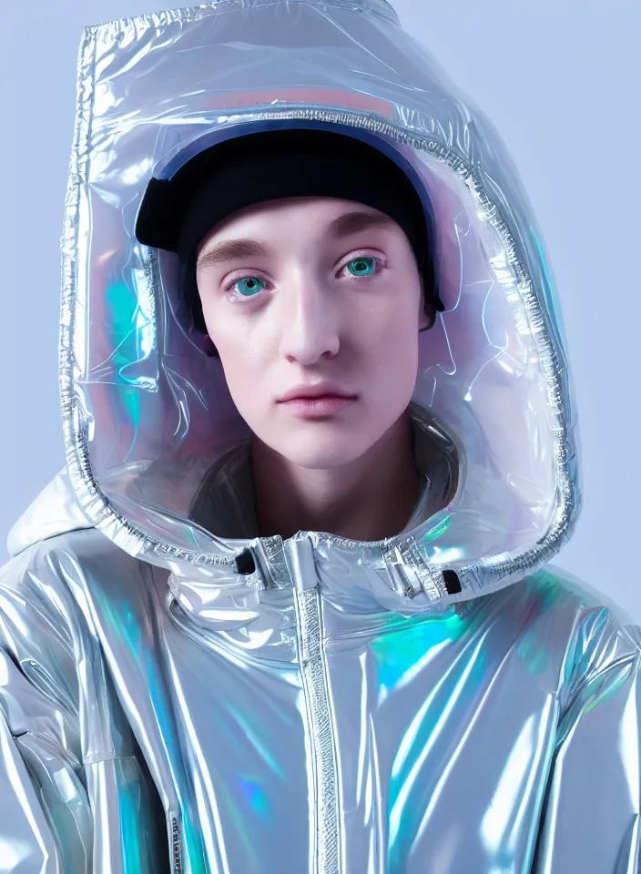 Image similar to an ultra high definition professional studio quality portrait photograph of a silver skinned android influencer wearing a transparent iridescent pastel coloured visor and matching wavey raincoat on white hook in a sheer icelandic black rock environment. three point light. dramatic lighting. volumetric shadows. light rays