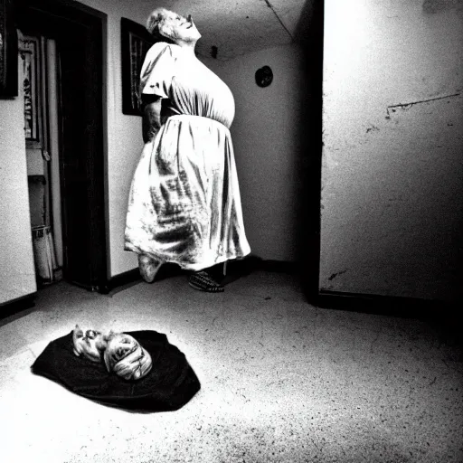 Image similar to 1 9 9 0 s, disposable camera shot, an old lady levitating, horror, basement, camera flash, 1 5 0 mm, basement, hyper realistic