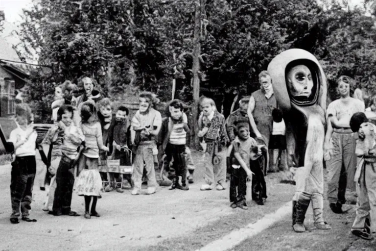 Image similar to an old photo of people scared cause of an alien in the neighborhood