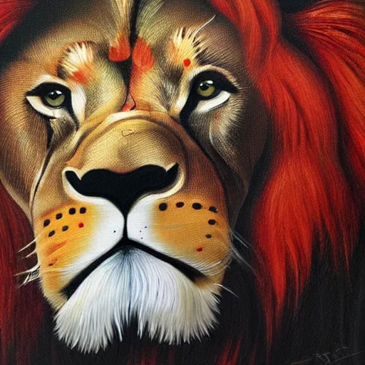 Prompt: lion with red spots above eyes, portrait, canvas texture, painting