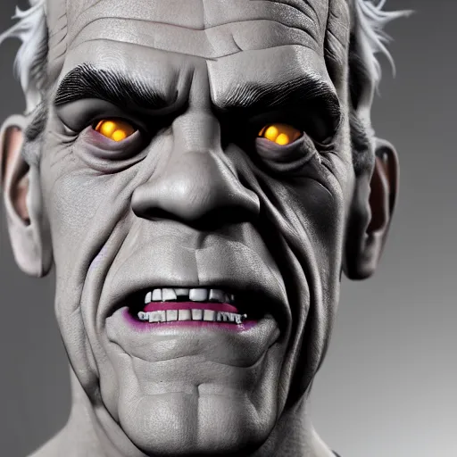 Image similar to hyperrealistic face portrait of frankestein monster actor boris karloff smiling, hyper real, flash photography, hyper detail, unreal engine,