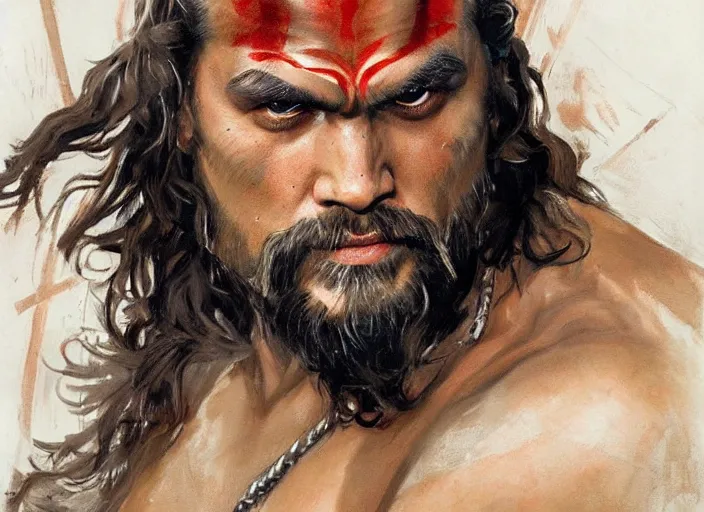 Image similar to a highly detailed beautiful portrait of jason momoa as kratos, by gregory manchess, james gurney, james jean