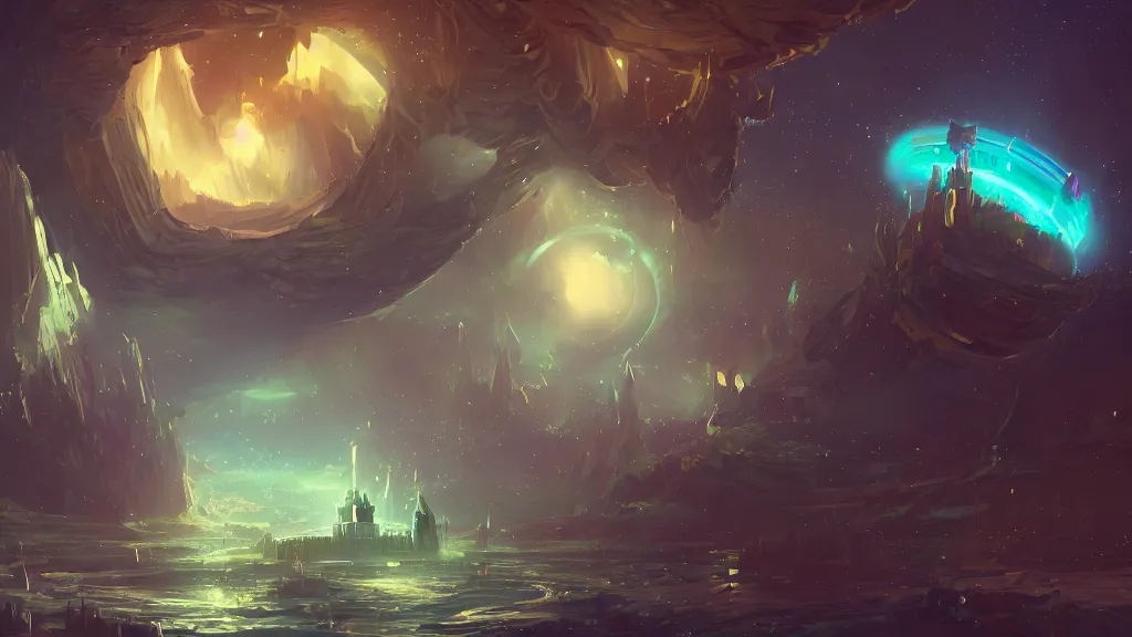 Prompt: a mysterious castle floating in space, surrounded by glowing energy rings, starry black space, by sylvain sarrailh, rossdraws, ultra detailed, fantasy artwork, 8 k, volumetric lighting, trending on artstation, award winning, beautiful scenery, very beautiful.