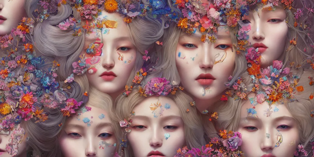 Image similar to breathtaking detailed concept art painting kaleidoscope art deco pattern of blonde faces goddesses amalmation flowers, by hsiao - ron cheng, bizarre compositions, exquisite detail, extremely moody lighting, 8 k