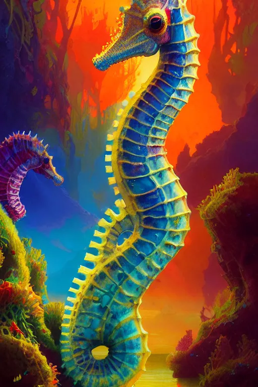 Image similar to highly detailed portrait of rainbow - colored seahorse, stephen bliss, unreal engine, fantasy art by greg rutkowski, rhads, ferdinand knab, makoto shinkai and lois van baarle, ilya kuvshinov, rossdraws, tom bagshaw, global illumination, radiant light, yellow blue theme, coral reef