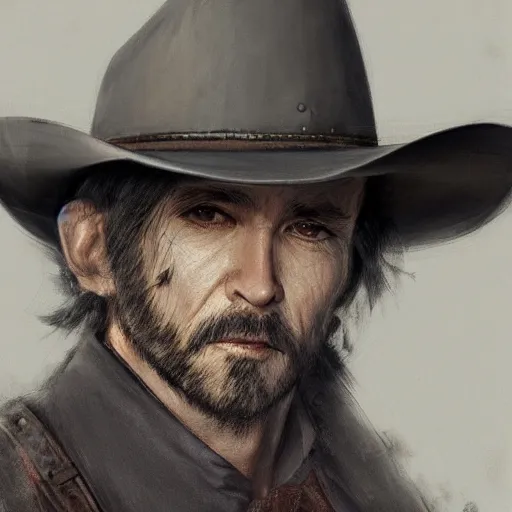 Prompt: portrait of a man with a long duster, grey hair and a cowboy hat, harsh good looking face, middle aged, drawn by Ruan Jia, disco elysium style, highly detailed