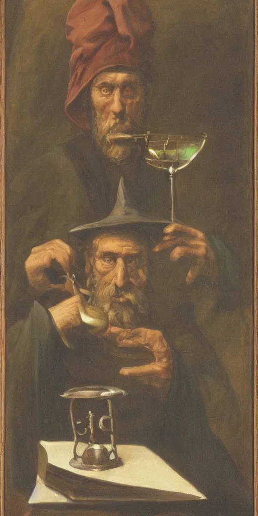 Image similar to a mystical man with a goblet on the table, wizard hat