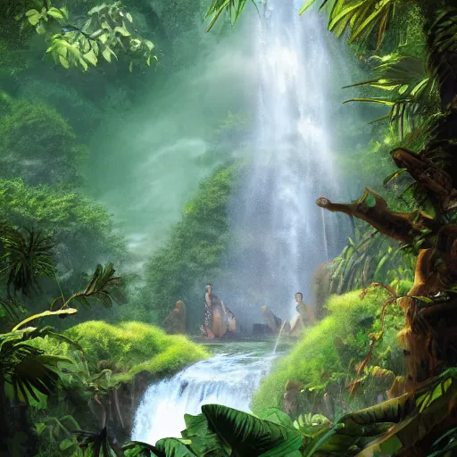 Image similar to Waterfall in the middle of the jungle, 8k, detailed, concept art, trending on artstation