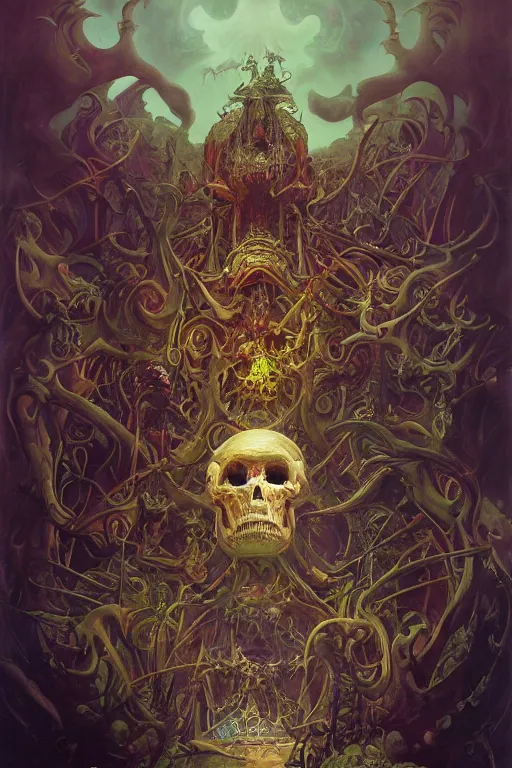 Image similar to evil gigantic biomechanical skull of death, fantasy painting, ultra realistic, wide angle, art nouveau, intricate details, rainbowshift, vivid colors, highly detailed by peter mohrbacher, maxfield parrish, aaron horkey, gaston bussiere, craig mullins