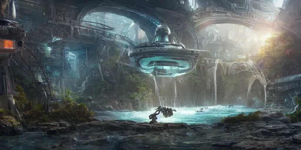 Prompt: alien spacecraft hovering over beautiful pool waterfalls surrounded by alien robots, steel archways, industrial buildings, rusty metal towers, sun setting, ross tran, fantasy, james jean, peter morbacher, angelarium, alchemy, luxury, heavenly light, soft illumination, trending on artstation, cinematic lighting, digital painting, octane render