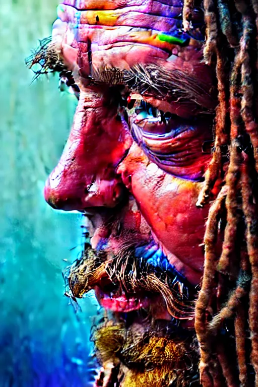 Image similar to hyperrealistic close - up portrait of psychedelic colorful acid neuro - shaman dreadlocks hippy highly detailed concept art eric zener elson peter cinematic hard lighting high angle hd 8 k sharp shallow depth of field, inspired by denis villeneuve and zdzisław beksinski