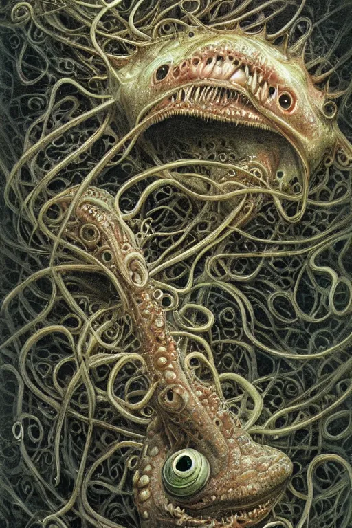 Prompt: eldritch biomechanical axolotl tentacle fish shoggoth, mouths, eyes, masterpiece, intricate, elegant, highly detailed, digital painting, smooth, sharp focus, illustration, art by james gurney, graeme base, brian froud, alan lee