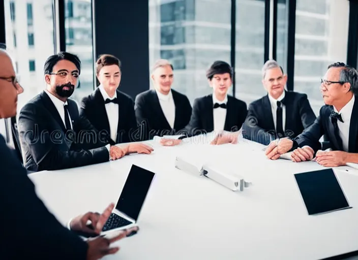 Image similar to photo of a management board meeting of well dressed cats in tuxedos. Highly detailed 8k. Intricate. Sony a7r iv 55mm. Stock photo.