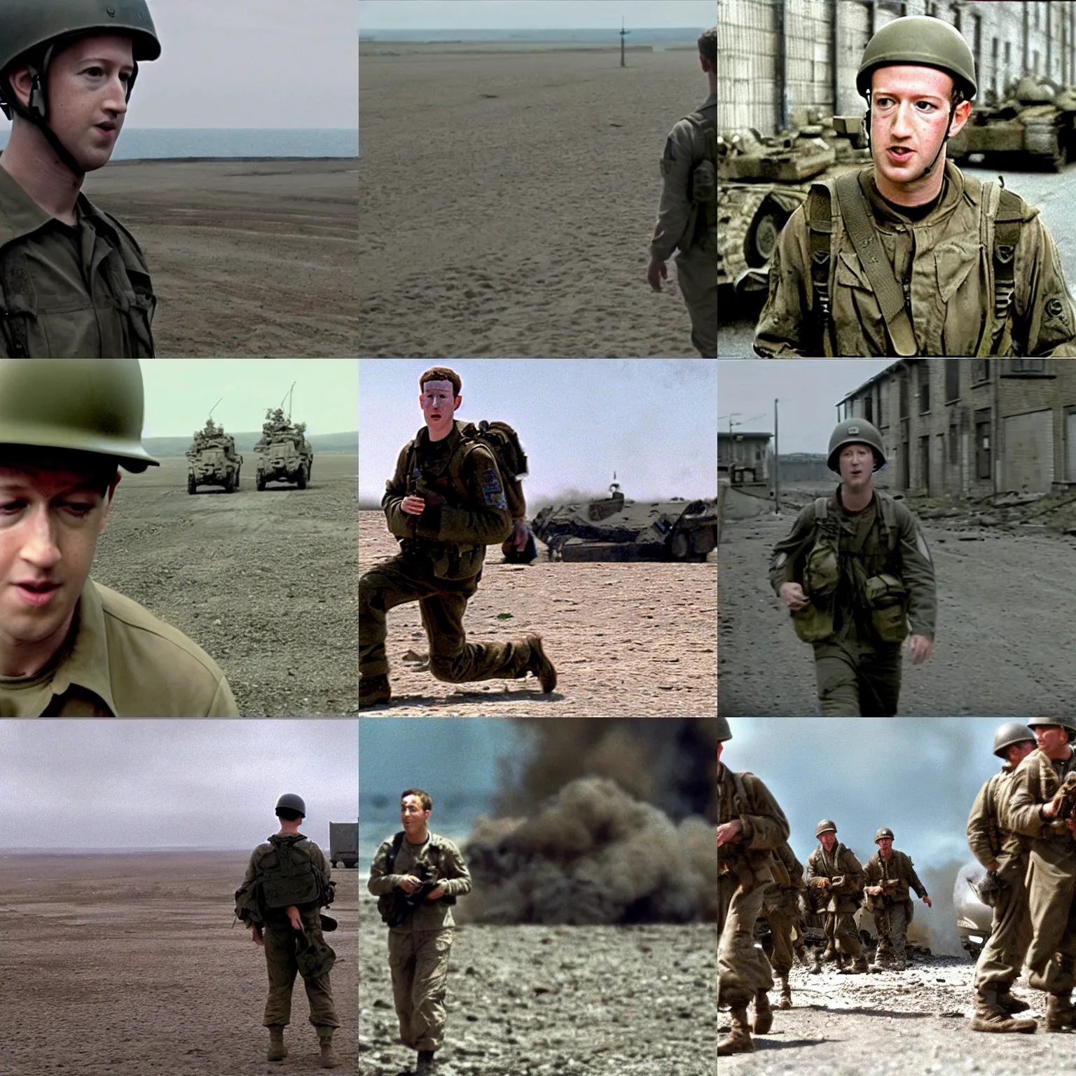 Prompt: Movie still of Mark Zuckerberg in Saving Private Ryan, establishing shot, 1/1000 sec shutter