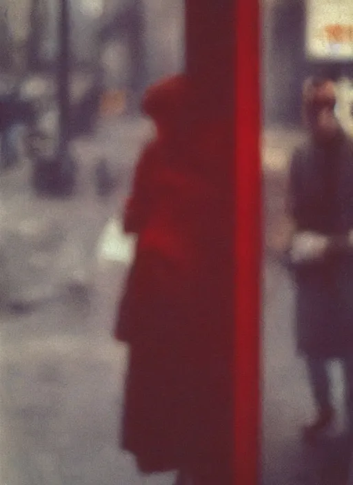 Prompt: portrait, blurry, street photography by saul leiter, red, pale