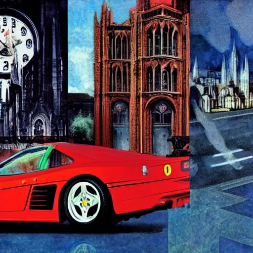 Image similar to a red ferrari testarossa in front of gothic architecture, gotham city, magazine collage style by nc wyeth and daniel mumford