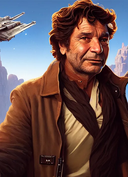 Image similar to highly detailed portrait of peter falk as han solo, unreal engine, fantasy art by by simon bisley, loish, rhads, ferdinand knab, makoto shinkai and lois van baarle, ilya kuvshinov, rossdraws, tom bagshaw, global illumination, radiant light, detailed and intricate environment