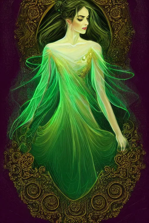 Prompt: a magic the gattering portrait illustration of a woman , fantasy, gradient black green gold, dreamy and ethereal, green eyes, golden ratio, peaceful expression, ornate frilly dress, fantasy, intricate, elegant, ghost, etearal, highly detailed, digital painting, artstation, concept art, smooth,b sharp focus, illustration, art by scott fisher AND artbreeder