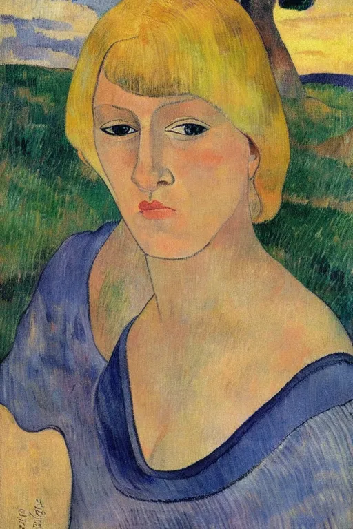 Prompt: blond hair woman with grey eyes and bob haircut drawn by paul gauguin