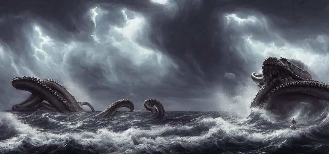 Image similar to wild ocean storm during the day, a giant kraken emerging from water, dramatic lighting, cinematic, establishing shot, extremly high detail, foto realistic, cinematic lighting, post processed, concept art, artstation, matte painting, style by eddie mendoza, raphael lacoste, alex ross